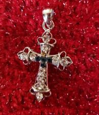 VTG, silver Tone catholic holy pectoral cross pendant,clear & Dark Blue Stones. picture