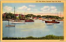 Harbor Hyannis Cape Cod Mass Vintage Linen Postcard WOB Noate 1c Stamp PM Boat picture