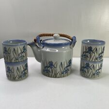 Vintage  Blue Iris Speckled Otagiri Japan Sake Set Teapot 4 Cups Bamboo Handle picture