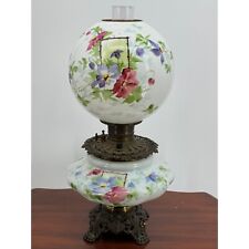 Antique Victorian White Milk Glass Gone With The Wind Lamp Hand Painted Flowers picture