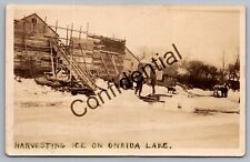 Real Photo Ice House Horse Drawn Harvesting Ice On Oneida Lake NY RP RPPC I-326 picture