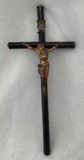 Vintage 11” Tall Round Black lacquer Wood Gold Tone Metal Crucifix picture