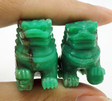 PAIR OF CHINESE LION FOO FU DOG CARVING STATUETTE: HAND-MADE NATURAL CHRYSOPRASE picture