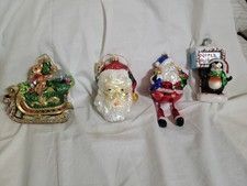4 Hand Blown Christmas Ornaments Sled/Santas/Penguin Fitz&Floyd/Radco/Pier 1 picture