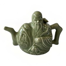 Vintage Chinese Celadon Porcelain Shou Lao Longevity Teapot w/ Box & Lid picture