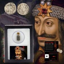 Genuine Vial Dracula Soil & Ancient Silver Dinar Coin of Dracula Album. COA. picture