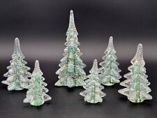 VTG Set of 6 Clear w Green Ribbon Glass Crystal Christmas Trees ROC 8.5 6.5 4.5