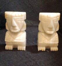 2 Vintage Mid-Century Carved Marble Onyx Aztec Mayan Tiki Stone Bookends Statues picture