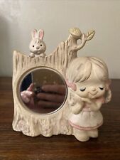 Vintage Uctci Japan Little Girl With Bunny On Tree Trunk Mirror Figurine picture