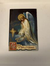 Christmas Postcard  Kneeling Angel Huge Wings Praying Harp Night Sky picture