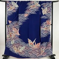 64.8inc Japanese Kimono SILK FURISODE Folded crane Wave Blue purple picture