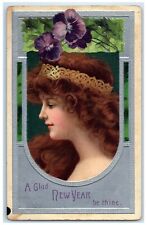 c1910's New Year Victorian Pretty Woman Flower Embossed Posted Antique Postcard picture