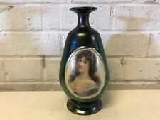 Antique Iridescent Art Glass Portrait Vase w Young Woman Decoration Mark on Base picture