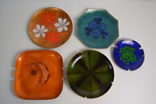 5 Vintage Enamel Over Copper Ashtrays MCM Colorful Floral Geometric Bovano picture