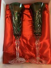 WATERFORD Crystal Happy Holidays Emerald Green Pair Flutes New In Box picture