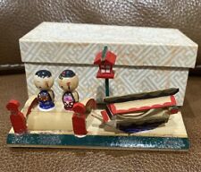 Vintage Japanese Hand Painted Wooden Kokeshi Dolls With Boat Miniature Diorama picture