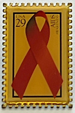 Vtg 1993 AIDS Awareness Red Ribbon USPS Postage Stamp Lapel Goldtone Enamel Pin picture