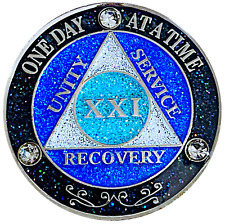 AA 21 Year Crystals & Glitter Medallion, Silver, Blue Color & 3 Crystals picture