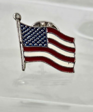 Enamel American Flag Lapel Pin~USA Patriotic Silver Tone Hat Tie Tack Back picture
