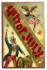 Uncle Sam Postcard Fourth of July Patriotic Cannon Gold Eagle Shield Fireworks picture