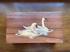 Vintage Walnut Box Featuring Multi-Wood Inlay Swans bird lover's delight picture