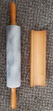 VINTAGE Granite Rolling Pin WITH WOOD HANDLES & STORAGE TRAY gray 18' Light Oak picture