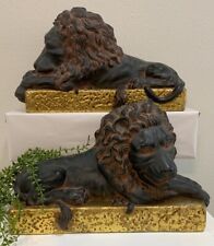 Vtg Dept 56 XLG Ceramic Black Gold Sleep Lion Bookends Antonio Canova Style MCM picture