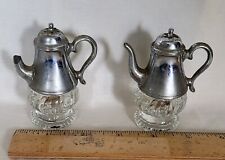 Vintage Heavy Glass and Metal Tea Pot Salt and Pepper Shakers One Broken Spout picture