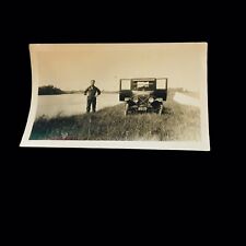 Old Photo Truck 1920's License Plate Snapshot Rural Man Water Field 4.5