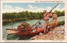 1934 FLORIDA EVERGLADES Linen Postcard Seminole Indians / Boats / Tamiami Trail picture