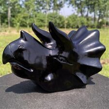 2.27lb Natural Obsidian Quartz Carved Triceratops Skull Reiki Crystal Decor Gift picture