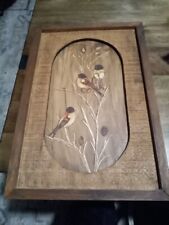 Beautiful wood inlay With Painted birds On A Branch Signed 19x12 picture