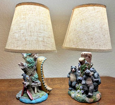Pair Cabin Decor Lamps, Dancing Bears, Cabin, Canoe, Squirrel, 15" tall, Cute picture