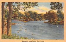 Greetings From Union City Michigan River Scene Linen 1940s Postcard picture