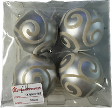 Vintage Flocked Swirl Silver Christmas House Bauble Ornaments NIB Set of 4 picture