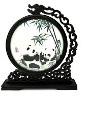 Chinese Double Sided Handmade Silk Embroidery Panda Bears Swivel Wood Frame picture