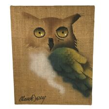 Vintage Owl Painting On Burlap MCM Hand Painted Bird Art Great Condition 20x16 picture