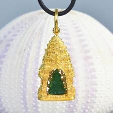 Buddha Image Gold Vermeil Sterling Pagoda Green Chalcedony Pendant Amulet 9.46g picture
