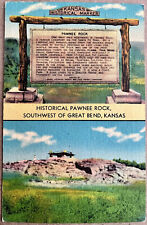 Postcard Great Bend Kansas Pawnee Rock Historical Marker Linen 1930s picture