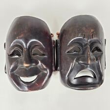 Vintage Mid Century Wood Masks Comedy Tragedy Set 2 Asian Hand Carved Wall Art picture