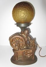 Vintage metal Lady Maiden Spinning wheel Lamp W/ Amber Glass Brain Shade picture
