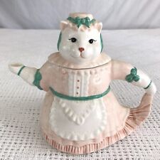 Cathay 1992 Ceramic Cat Teapot Pink White & Teal Dress & Ruffle Hat 7