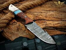 Damascus Steel Skinner Gut Hook Knife, Handmade Hunting Knife + Leather Sheath picture