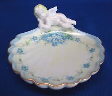 HAND-PAINTED SHELL SHAPED PORCELAIN VANITY DISH W/ FIGURAL CHERUB & BLUE FLORALS picture