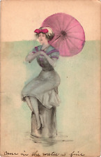 Schlesinger Lady Red Bow & Pink Umbrella Art Postcard picture