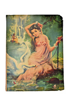 Vintage Lithograph Print Lord Krishna And Radha With Lotus & Swan Near Falls 