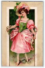 c1910's Valentine Pretty Woman Dress Pink Flowers Clapsaddle Embossed Postcard picture