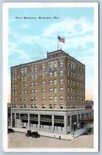 1929 HOTEL MANITOWOC WISCONSIN OLD CARS AMERICAN FLAG ANTIQUE POSTCARD picture