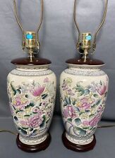 Vintage Pair of Chinese Porcelain Ginger Jar Vase Table Lamps Flowers Ribbon picture