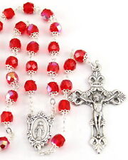 NEW MADE IN ITALY ORNATE RED AURORA BOREALIS CRYSTAL CAPPED BEAD ROSARY   picture